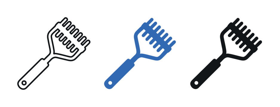Three distinct potato masher icons are displayed in a row, featuring outline, blue solid, and black solid styles on a white background
