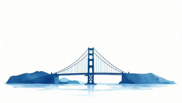 Minimal blue watercolor illustration of Golden Gate Bridge with soft brush textures on white background