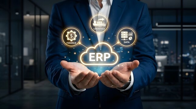 A business professional holding a glowing cloud interface representing enterprise resource planning software and digital business management technology solutions