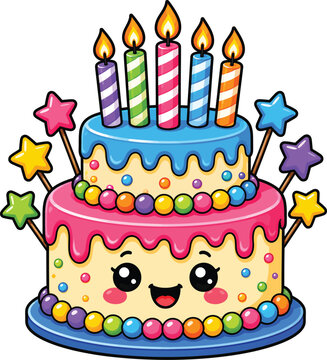Cute happy birthday cake with colorful candles festive celebration illustration isolated on white background