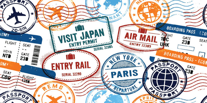 Seamless pattern with travel passport stamps and boarding pass tickets from around the world