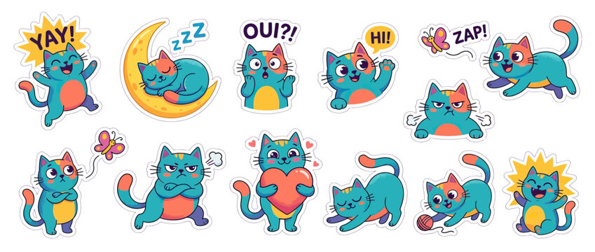 Cute cartoon cats with different emotions and actions
