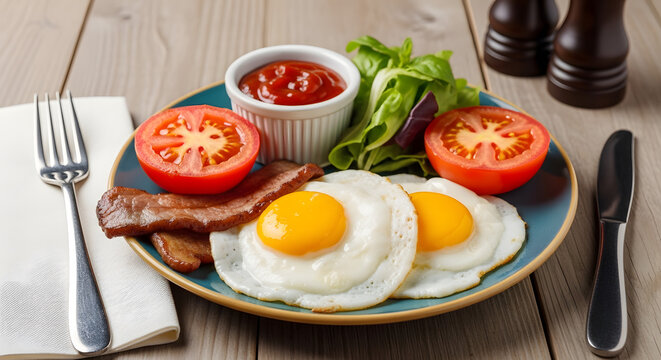 Eye level shot of English breakfast featuring eggs, bacon slices, tomatoes, green vegetables etc on blue plate on wooden table with pepper. Classic food, food display and food styling ideas