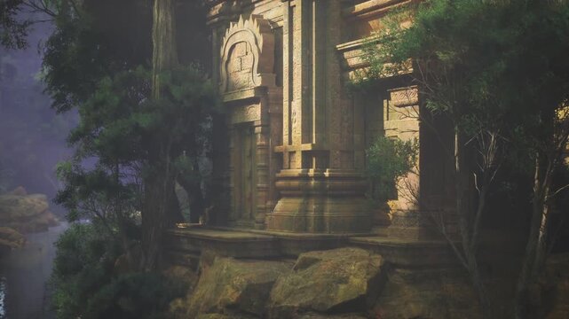 Dimly lit Chacoinspired sacred portal at dusk framed by dense shrubs and carved stone, warm highlights on relief convey solemn ritual tone and cinematic