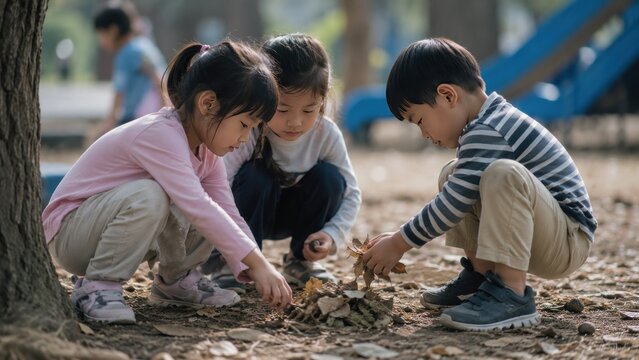 Group of Three Young Asian Children Playing with Autumn Leaves on the Ground in a Sunny Public Park for Childhood Education and Lifestyle Content