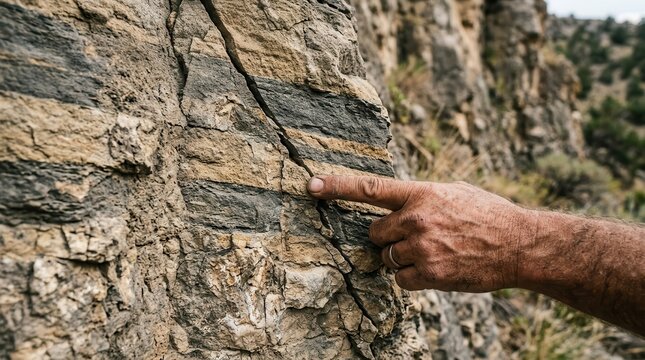A Geologist Exploring Sedimentary Rock Strata Layers in a Natural Formation to Study Earth History and Ancient Geological Processes in a Detailed Field Research Environment