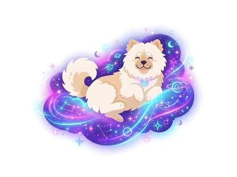 Fluffy Dog Relaxing on Cosmic Cloud Illustration.