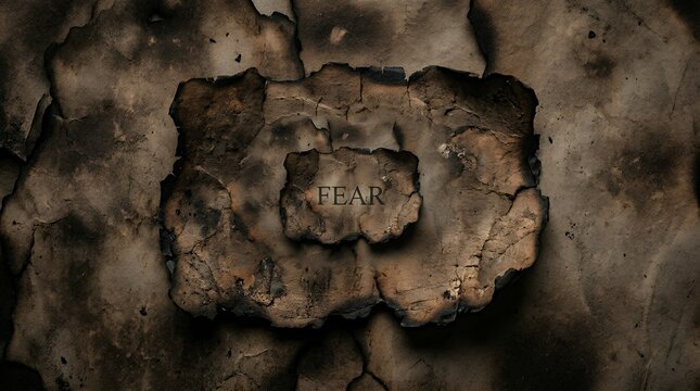 Powerful and emotional concept of fear represented by the word "fear" printed on burnt charred paper with a toned distressed effect. Symbolizing anxiety phobia and overcoming inner demons. fear