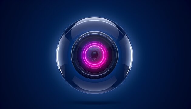 3D illustration of a floating futuristic AI tracking webcam shaped like a clear glass sphere encasing a glowing neon magenta camera lens
