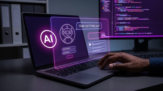 User Interacting with AI Chatbot Interface on Laptop, Highlighting Digital Communication and Software Development through Artificial Intelligence