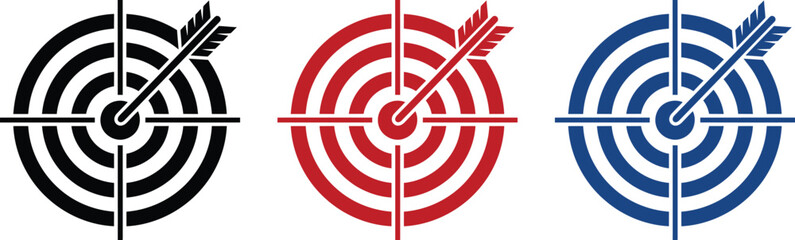 Target icon with arrow hitting the center. Goal and objective symbol for success, accuracy, focus, strategy, business planning and performance results. © Sariful
