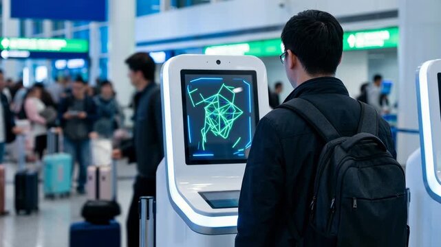 A person stands in front of a biometric screening station in an airport, observing the digital display. Travelers are seen in the background with their luggage, moving through the terminal
