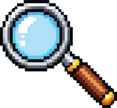 Retro pixel art magnifying glass search icon isolated on white background