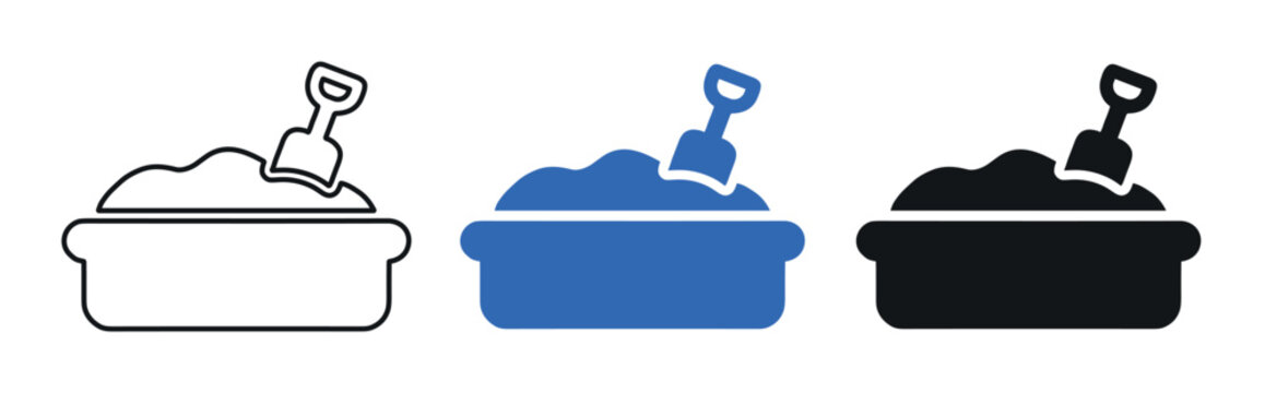 Three distinct sandbox icons, featuring a shovel in sand, rendered in outline, blue fill, and solid black styles on a clean white background