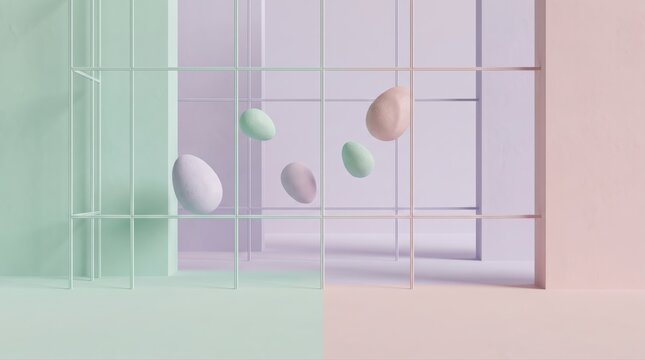 Creative easter egg decoration floating in minimalist geometric room with soft pastel green and pink.