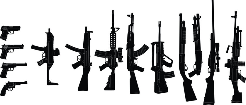 Firearms and weapons silhouette collection featuring handguns pistols automatic assault rifles shotguns and sniper rifle vector illustration