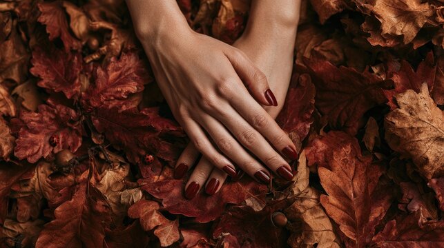 Elegant hands resting on a bed of vibrant autumn leaves