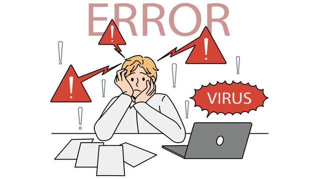 Frustrated man looking at a laptop screen surrounded by red error and virus warnings on a black background