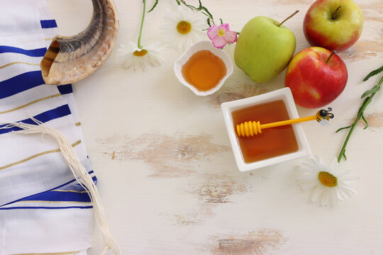 Rosh hashanah (jewish New Year holiday) concept. Traditional symbols