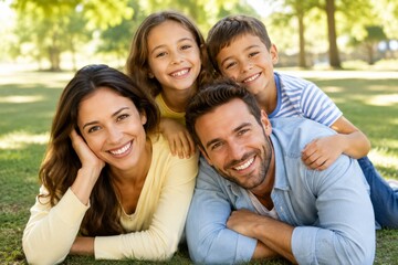 Fototapeta premium Happy Family Portrait Stacking Together in Park Smiling at Camera