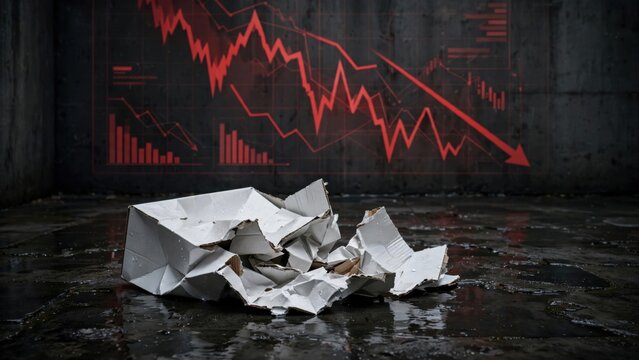 Crumpled Paper and Red Downward Stock Market Graph Symbolizing Financial Crisis.