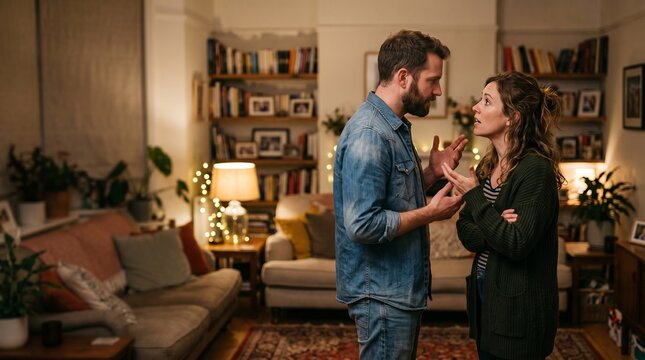 Frustrated couple argues in a cozy living room, expressing conflict, tension and relationship communication problems