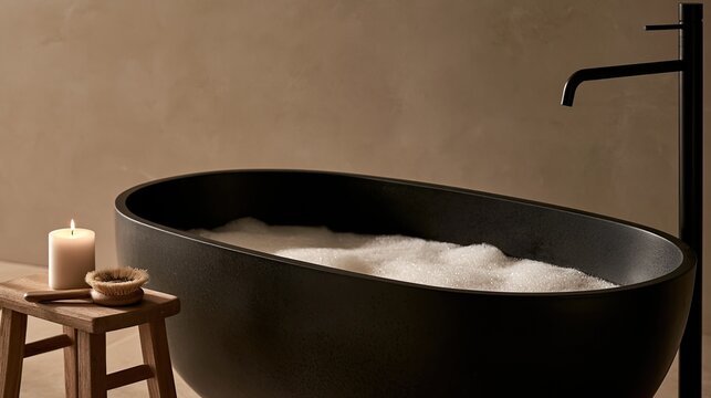 A tranquil spa-like scene with a black soaking tub filled with bubbles