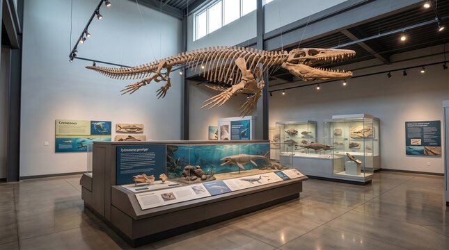 Museum dinosaur skeleton exhibit on display in modern gallery. Prehistoric marine reptile fossil showcased under dramatic lighting for educational...
