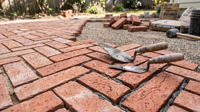 Construction of a brick patio with masonry tools and materials construction renovation