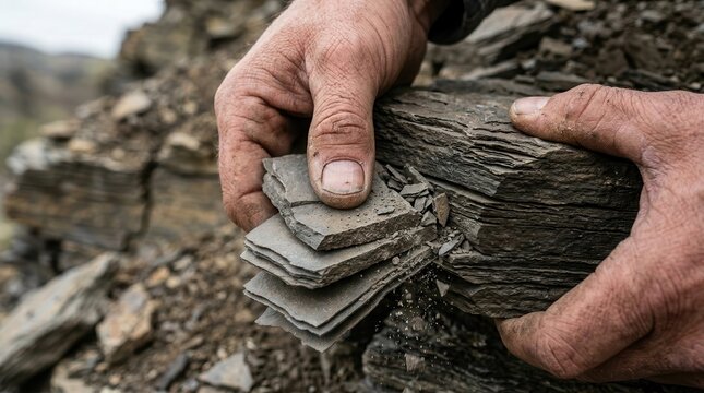 Hands Examining Sedimentary Shale Rock Layers in Geological Fieldwork Study