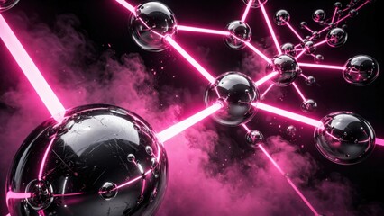 Fototapeta premium Abstract Molecular Structure with Pink Energy Beams and Smoke.
