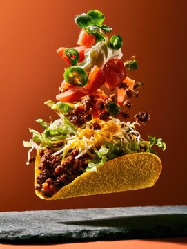 Overflowing taco ingredients suspended mid-air against a warm gradient
