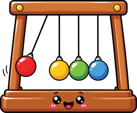 Cute smiling Newton cradle desk toy cartoon mascot vector illustration isolated on white background for physics, science and education designs