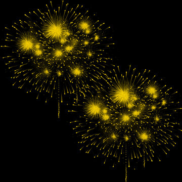 Two Large Yellow Spherical Fireworks Diagonal Burst on Black