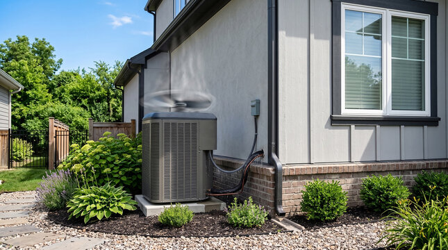Air conditioning unit operating outside residential home during summer with residential