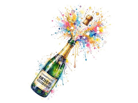 Colorful champagne explosion with cork and splashes.