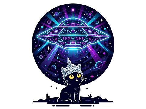 Cat with tin foil hat under glowing UFO illustration.
