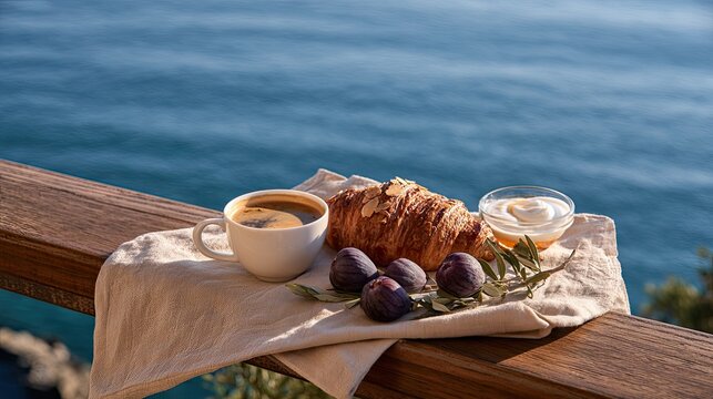 Morning coffee and pastry with figs by the serene ocean