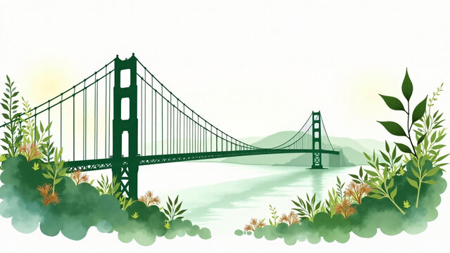 Eco-friendly watercolor silhouette of Golden Gate Bridge with botanical elements and soft lighting