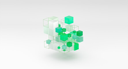 Obraz premium Abstract 3D green cubes and wireframe background for technology and AI concept.