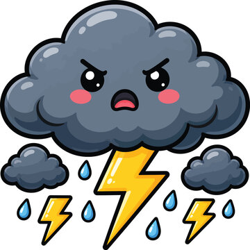 Cute angry thunderstorm cloud cartoon mascot vector illustration isolated on white background for weather forecast and storm warning designs
