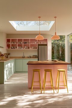 Bright, pastel kitchen with island, skylight, and garden view