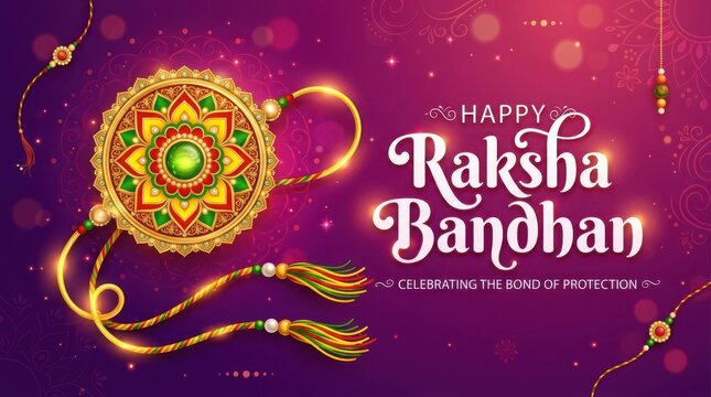 Elegant raksha bandhan greeting card featuring ornate golden floral rakhi and festive typography on deep purple background.