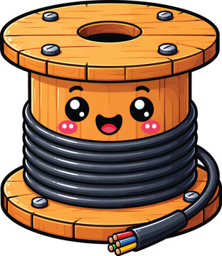 Cute smiling cable spool cartoon mascot vector illustration isolated on white background for electrical wiring, construction and industry designs