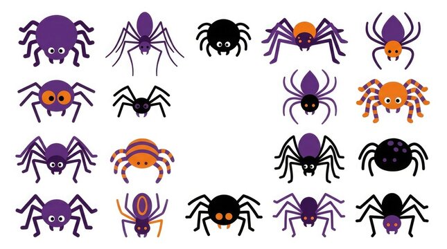 Collection of various colorful spider illustrations for halloween decorations and festive graphic design projects on white background