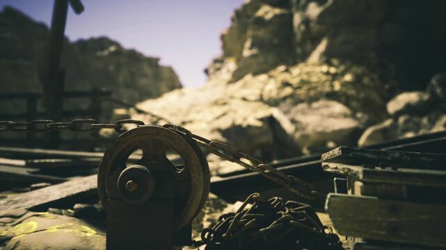 Rusted axle and wheel closeup, namibia canyon relic with corroded metal, rope and broken timber on gravel bed, shallow depth of field and harsh sun highlighting