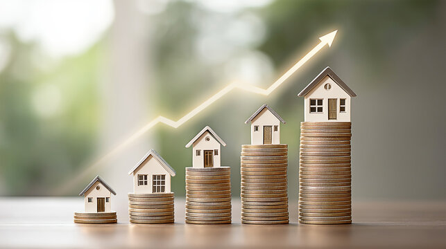 house model on money coins saving for concept investment mortgage finance and home loan refinance