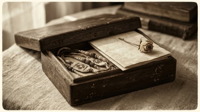 Vintage wooden box containing traditional indian rakhi bracelets and handwritten letter with dried flower in sepia tone.