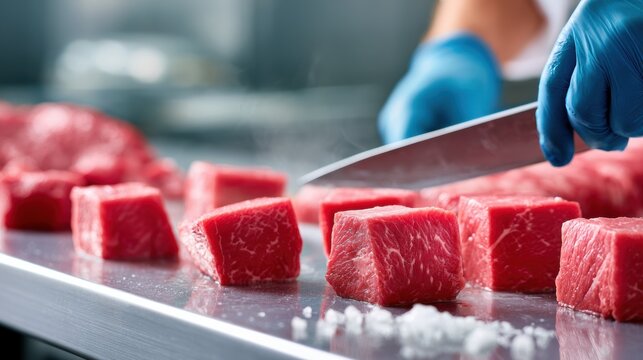 Packaged Beef Fresh raw beef cubes being cut on a metal surface by a person wearing blue gloves.
