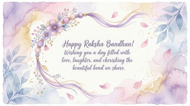 Happy raksha bandhan greeting card with watercolor floral art and elegant bracelet illustration for siblings connection.